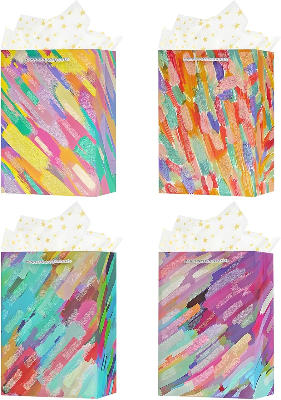 4-Pack 9" Colorful Small Gift Bags with Handles – Includes Tissue Paper for Birthdays, Parties, Weddings, Bridal Showers & Anniversaries (Colorful)